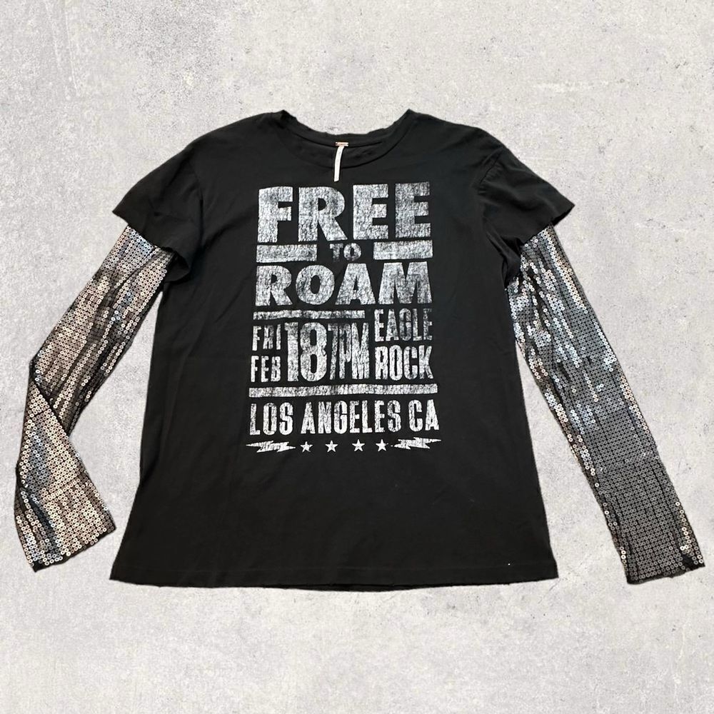 Free People Backstage Graphic Sequins Tee Free To Roam Black Gray, Size S